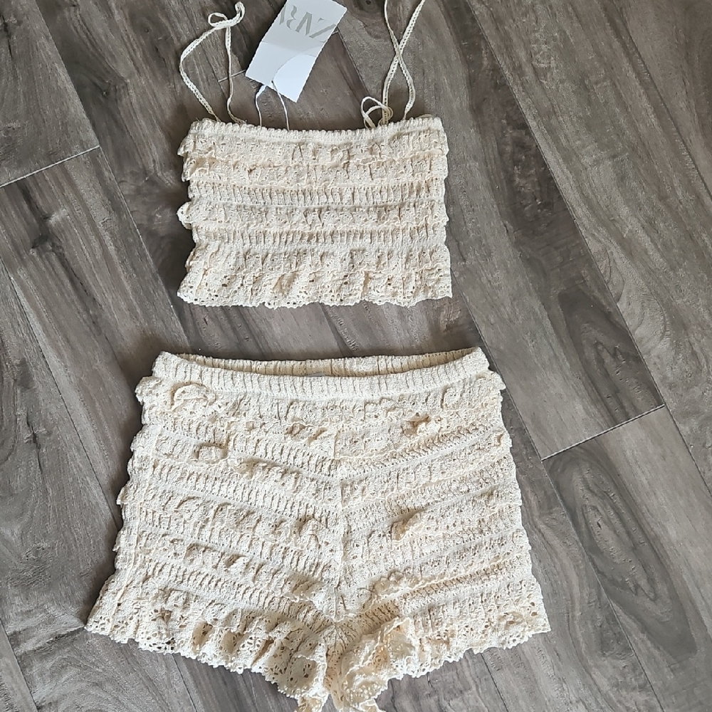 Zara Cream Crochet Tank Top and Shorts Set